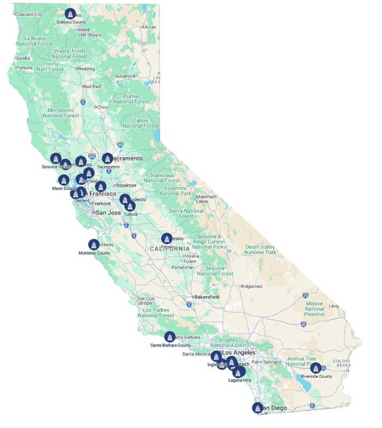 Map of california with location markers for each client